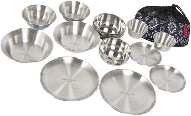 Набір туристичного посуду з нержавіючої сталі на 12 осіб, сріблястого кольору, штабельований, для подорожей та щоденного використання, ідеальний для кемпінгу та пікніків