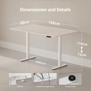 Стіл Claiks з регульованою висотою 160 x 80 см (FSC), вантажопідйомність 80 кг, стіл з регульованою висотою з 2 гачками та 3 функціями пам&39яті, стіл для роботи стоячи з тихим двигуном для домашнього офісу, білий 160 x 80 см