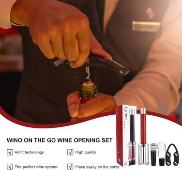 Набір для відкривання вина Wino on The Go, насос повітряного тиску, відкривачка для пляшок вина, легкий знімач пробки, штопор, штопор, відкривачка для вина, ручка з алюмінієвого сплаву (червона)