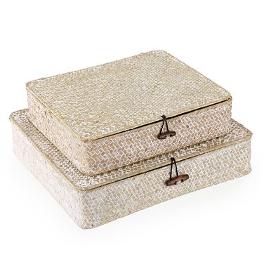 Кошик SUMNACON з ротанга, 2 шт., виготовлений з натуральної морської трави, з кришкою, коробка для зберігання ручної роботи, кошики для зберігання, кошик-органайзер для кухні, ванної кімнати, спальні, великий малий (прямокутний, білий)