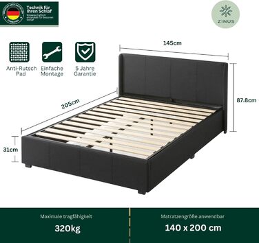 Ліжко Zinus Maddon з м&39якою поверхнею 140x200 см з місцем для зберігання - Висота 31 см з дерев&39яною рейковою основою та узголів&39ям - Гідравлічний підйомний механізм та місце для зберігання - Чорне 140 x 200 см Чорний