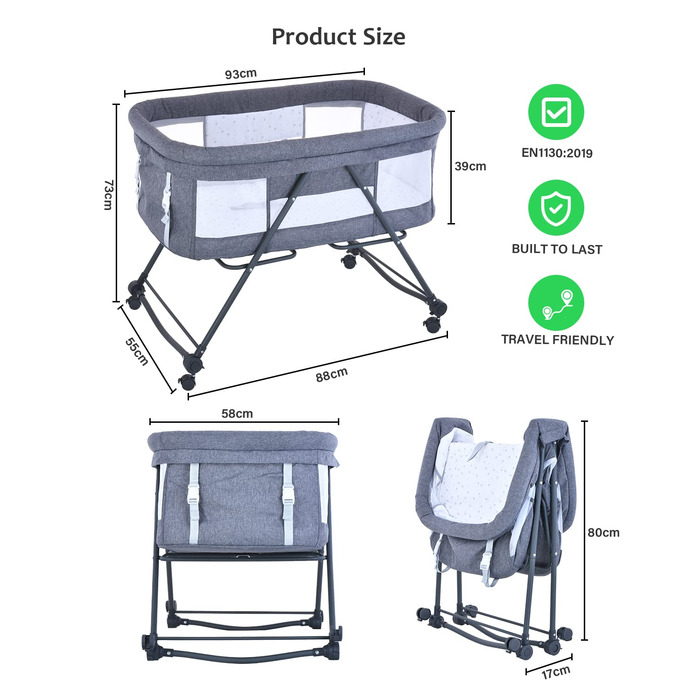Дитяче ліжечко UBRAVOO, складне, з матрацом та колесами, для новонароджених, ліжечко для подорожей Дитяче ліжко Додаткове ліжко, Bravo Basic, сірий