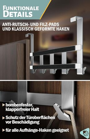 Вішалка для верхнього одягу Menz Premium, 5 гачків - Вішалка для верхнього одягу з нержавіючої сталі, надзвичайно міцні дверні гач