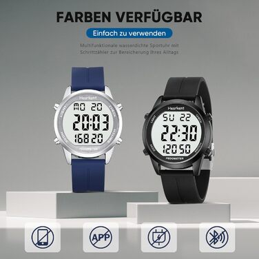 Чоловічий годинник-крокомір (без застосунку чи телефону), цифровий годинник з великими цифрами, водонепроникний 30 м, фітнес-трекер з крокоміром та лічильником калорій, повністю чорний