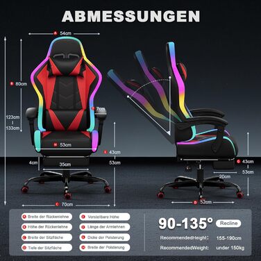 Ігрове крісло JUMMICO зі світлодіодним освітленням, круте гоночне ігрове крісло, ергономічне офісне крісло з функцією масажу, регульована спинка 90-135, з телескопічною підставкою для ніг, ігрове крісло вантажопідйомністю 150 кг, червоне