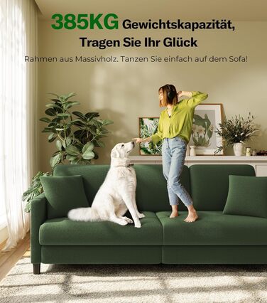 Місний диван 211 см, Зручні 3-місні дивани, Диван-канапа з флісу Тедді, Дивани для вітальні, що збираються без інструментів, 3-місний диван з масиву дерева, Невеликий диван з 2 подушками в комплекті, Зелений 211 см, 3-