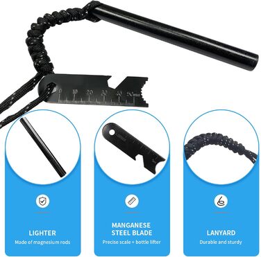 Кресало Newaner XXL Вогнепал з креміню та магнію з паракордом, сталевий скребок з відкривачкою для пляшок та мірною шкалою. Ідеально підходить для кемпінгу, активного відпочинку та виживання (1 комплект)