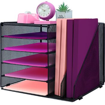 Металевий настільний органайзер, 5-ярусний лоток для паперу та листів з тримачами для файлів, сітчастий настільний органайзер для файлів з тримачем для журналів для зберігання офісних документів, 5 ярусів з 2 тримачами для файлів