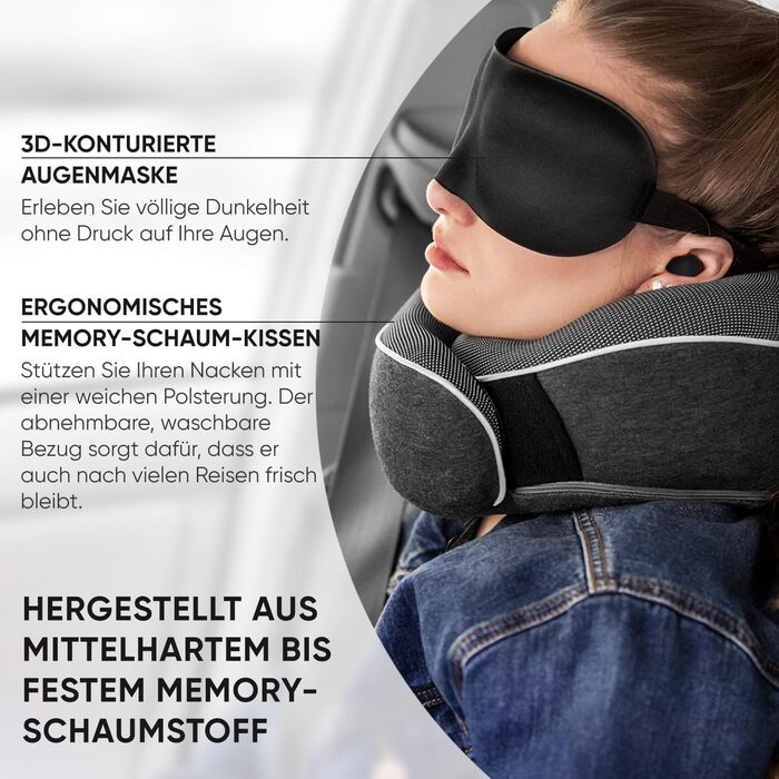Подушка для шиї Proglobe для літаків, дорожня подушка 100 піна з ефектом пам&39яті, ортопедична підтримка шиї, для подорожей літаком, автомобілем, поїздом, з 3D-маскою для сну, високоякісна сітчаста сумка (темно-сірий колір)