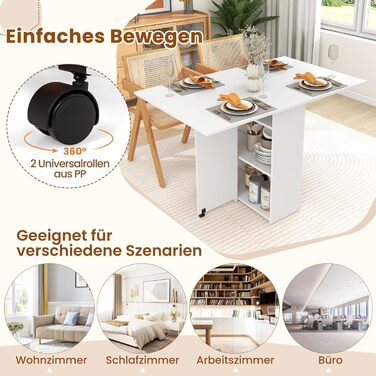 Розкладний обідній стіл на 2 колесах, Мобільний розкладний обідній стіл з 2-рівневою полицею та шухлядою (білий)