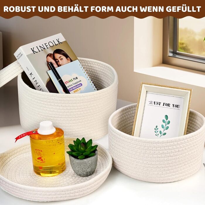 Набір із 2 круглих кошиків для зберігання з бавовняного шнура з кришками, маленьких плетених кошиків з кришками, декоративних полиць-кошиків для іграшок та косметики (28 x 16,5 см/23 x 12,5 см, білий)