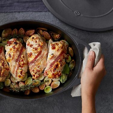 Кокотниця з кришкою, сіра, овальна, 33 см, 6,5 л, чавунна жаровня, індукційна каструля. 33 см сіра