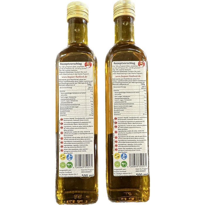 Літр олії для попкорну з тонким смаком натурального вершкового масла та практичним носиком Попкорн зі смаком кукурудзяного масла з високим нагріванням Жир Rapeseed Symphony зі смаком олії виноградних кісточок та вершкового масла 500 мл (2 шт. в упаковці),