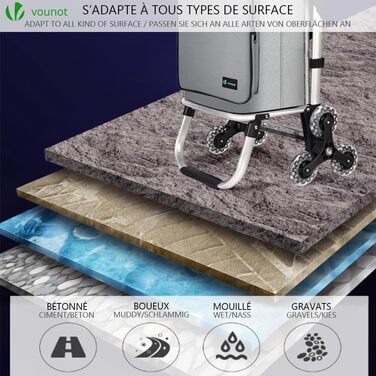 Алюмінієвий візок для покупок зі сходами, 3-в-1, складаний візок-тележка з гачком-тримачем, охолоджувальним відділенням та гаком, 6 коліс, велика місткість, водонепроникний, сірий 60л