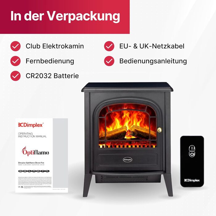 Електричний камін Dimplex Club - Окремостоячий електричний камін з підстилкою з полін та вугілля, а також світлодіодним ефектом полум&39я Optiflame - Перемикається вентилятор-обігрівач потужністю 2 кВт - Пульт дистанційного керування в комплекті