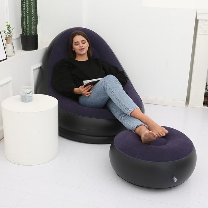 Надувне крісло, надувний шезлонг, надувне крісло, надувний лежак з пуфом для кемпінгу, ігор, обідніх перерв, садових вечірок, прийняття сонячних ванн (синій)