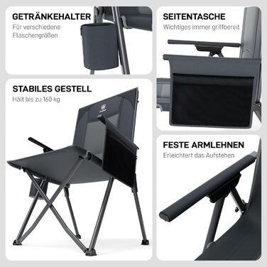 Складане кемпінгове крісло EVER ADVANCED, регульована спинка в 4 положеннях, вантажопідйомність 160 кг, розкладне кемпінгове крісло з бічною кишенею та тримачем для напоїв, рибальське крісло для кемпінгу, саду, балкону, сіре, 2 шт.