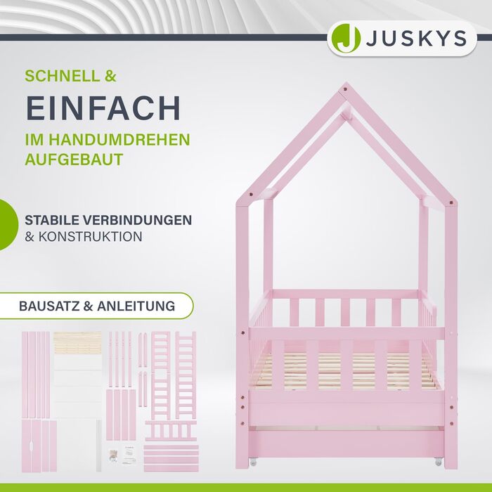 Дитяче ліжко Juskys Marli 80 x 160 см з матрацом, ящиком для ліжка, захисними поручнями, рейковою основою та дахом - Ліжко-будиночок з масиву дерева для дітей - Ліжко рожевого кольору