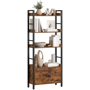 Книжкова полиця HOOBRO, книжкова шафа з дверцятами та полицею, полиця, стояча полиця, полиця для зберігання з 4 рівнями, промисловий дизайн, для вітальні, офісу, кухні, кабінету та коридору EBF46SJ01