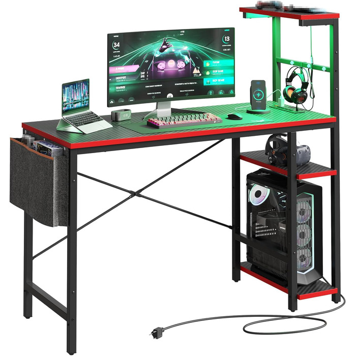 Ігровий стіл Bestier з розетками, 4-рівневий ігровий стіл зі світлодіодним підсвічуванням та двосторонніми полицями, ігровий стіл для ПК з гачком для гарнітури та бічною кишенею для зберігання речей у спальні