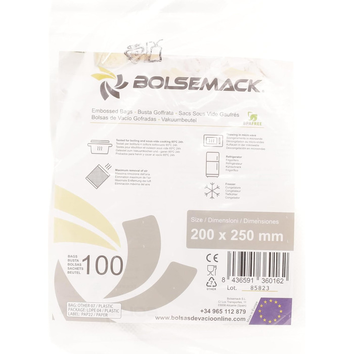 Вакуумний пакувальник BOLSEMACK 20x25 см - Вакуумний пакет 100 шт. для всіх Вакуумний пакувальник і вакууматор харчових продуктів - Вакуумні пакети дуже міцні та стійкі до розривів - Вакуумний пакет для їжі без BPA Тиснений пакет, вакуумна упаковка