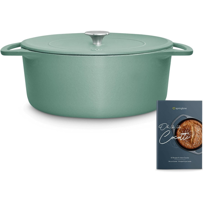 Кокотниця з кришкою, м'ятна, кругла, 28 см, 6 л, чавунна жаровня, індукційна каструля. 28 см м'ята