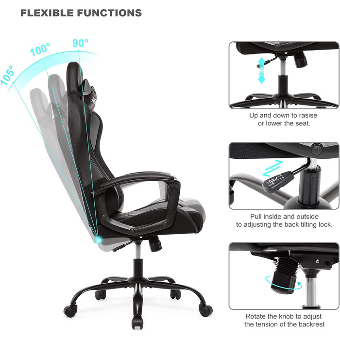 Ігрове крісло IWMH, ергономічне комп&39ютерне крісло з високою спинкою, регульоване по висоті поворотне крісло, гоночне крісло з підлокітниками, регульованим підголівником та поперековою опорою (сіре)