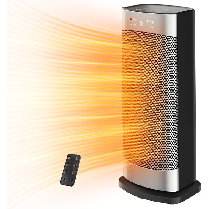 Енергозберігаючий електричний вентилятор-обігрівач, 1500 Вт з термостатом, коливальний електричний нагрівальний елемент 70, керамічний нагрівач PTC, тиха робота, режим ECO, 24-годинний таймер, захист від перегріву та перекидання, 41 см, сріблястий