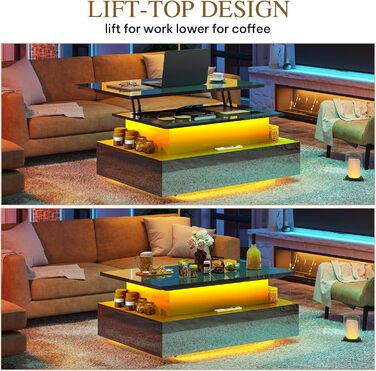 Журнальний столик з регульованою висотою, глянцевий стіл для вітальні з підйомною стільницею, сучасний диванний столик з 16-кольоровим світлодіодним підсвічуванням та 2 шухлядами