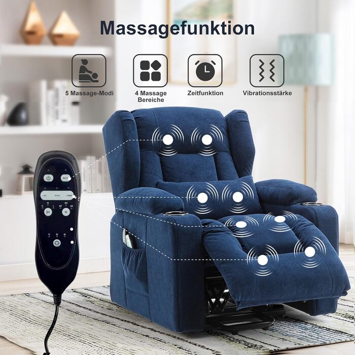 Крісло-реклайнер COMHOMA з функцією підйому, масажне крісло з тканинною поверхнею, електричне підйомне крісло, крісло для телевізора з функцією підйому та відкиданням, тканина - синій