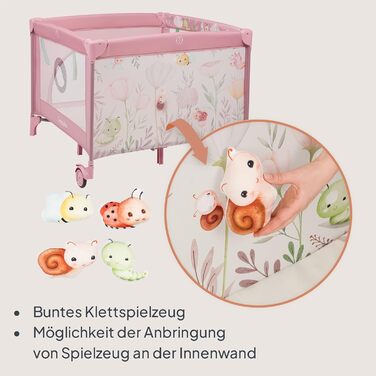 Дитячий манеж та дорожнє ліжечко LIONELO Mille Plus 2-в-1 100x100 см з матрацом та 3D-чохлом для немовлят, вагою до 15 кг (0-36 місяців), бічний вхід на блискавці, 2 колеса з гальмами, складний, сумка для перенесення рожевого кольору