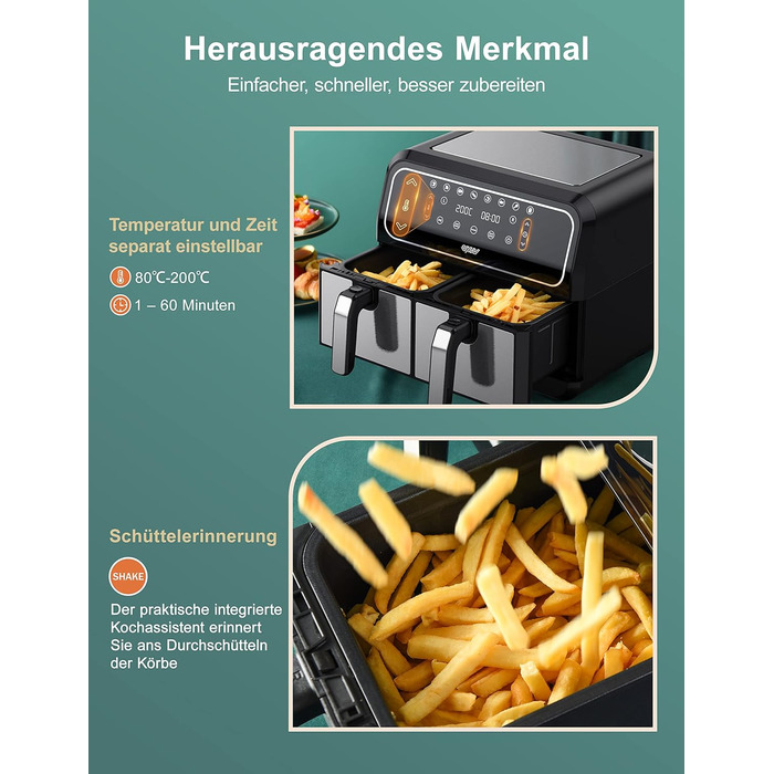 Двозонна фритюрниця Innsky двокамерна 8 л, 8 програм подвійна фритюрниця, фритюрниця з 2 кошиками, фритюрниця гаряче повітря без олії, подвійне приготування, синхронізація готової технології, режим струшування X-Large