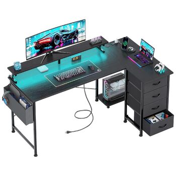 Г-подібний ігровий стіл VERMESS з 4 шухлядами, 160 см, двосторонній, столи для домашнього офісу з розетками, Г-подібний комп&39ютерний стіл з портом зарядки USB та підставкою, кутовий стіл 160,02 см чорний