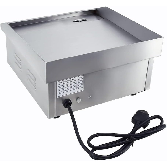 Електричний гриль, нержавіюча сталь, настільний гриль, професійний, 220 240 В, 1500 Вт, залізна пластина для гриля, гладка поверхня, захист від бризок (35,5 x 30 см)