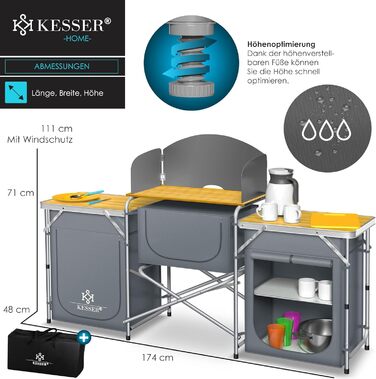 Кухня для кемпінгу KESSER У комплекті сумка для перенесення та комплект чашок Кемпінгова шафа, складна шафа з алюмінієвою рамою Дорожна кухня Кухонний ящик Шафа для намету Кухня для кемпінгу на свіжому повітрі Сірий Тип Великий Тип Великий Сірий