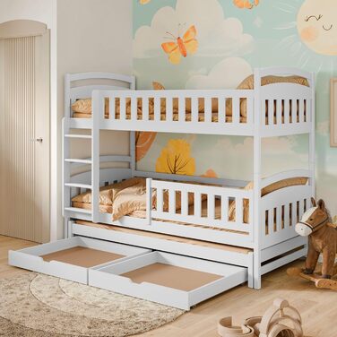 Двоярусне ліжко 90x200 см, дитяче ліжко, підліткове ліжко, двоярусне ліжко для 3 дітей, дві шухляди та поручні, що розкладається на 3 односпальні ліжка від 4 до 16 років вкл. рейкові основи білий 90x200 см, білий - Стиль 1