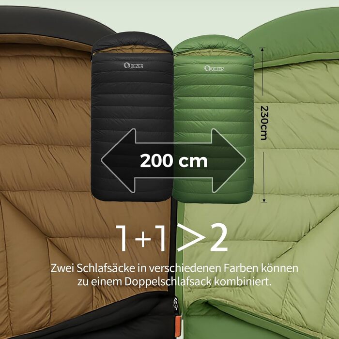 Пуховий спальний мішок, 3-4 сезони, надзвичайно великий спальний мішок 230 см x 100 см, легкий та теплий пуховий спальний мішок, підходить для дорослих для кемпінгу на свіжому повітрі, піших прогулянок та походів, зелений