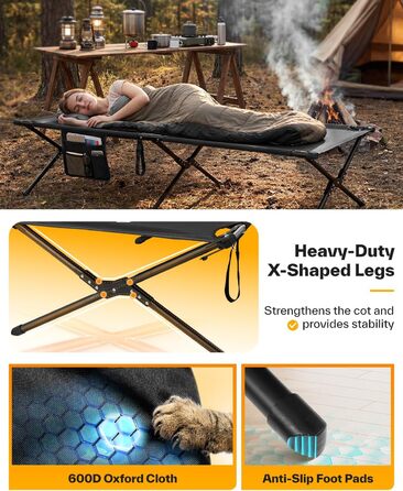 Розкладне ліжечко Sportneer 199 x 73 см, складне кемпінгове ліжко, складне гостьове ліжко для кемпінгу, походів, подорожей на природі, пляжу, саду на свіжому повітрі, використання в приміщенні, чорне