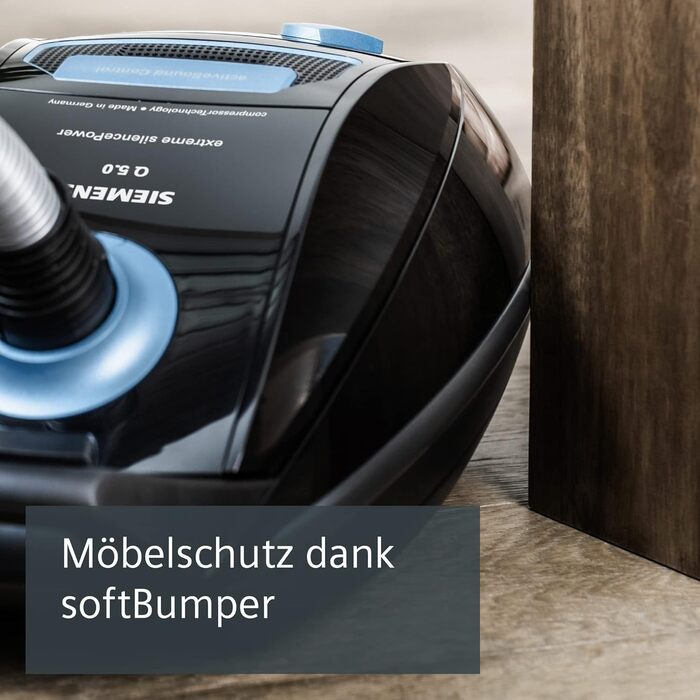 Пилосос із мішком Siemens Q5.0 extreme silencePower VSQ5X1230, для алергіків, гігієнічний фільтр, висока потужність всмоктування, насадка для паркету, килимів та плитки, довгий кабель, 850 Вт, чорний (Basic Schwarz)
