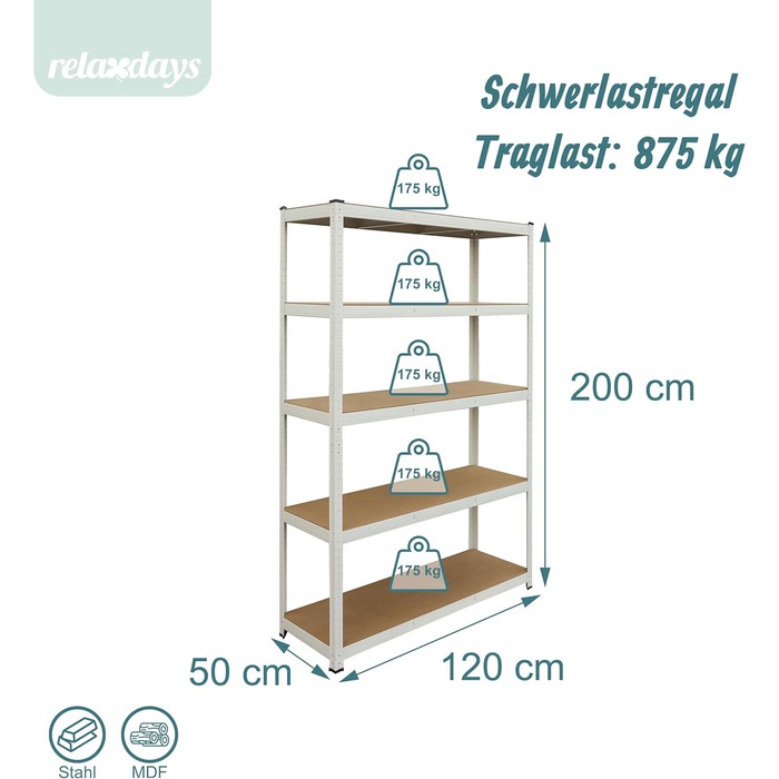 Міцний стелаж Relaxdays, ВxШxГ 200x120x50 см, 875 кг, 5 полиць, полиця для зберігання в підвалі та гаражі, вставного типу, білий/коричневий