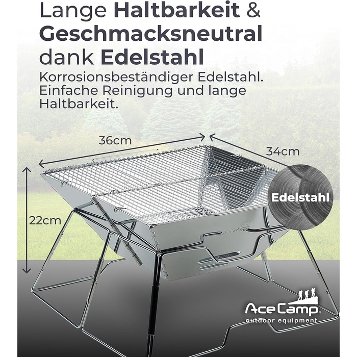 Портативний складаний гриль AceCamp на вугіллі, для кемпінгу, садової вечірки, барбекю, гриль з нержавіючої сталі, (інші розміри), середній, 34 x 36 x 22 см