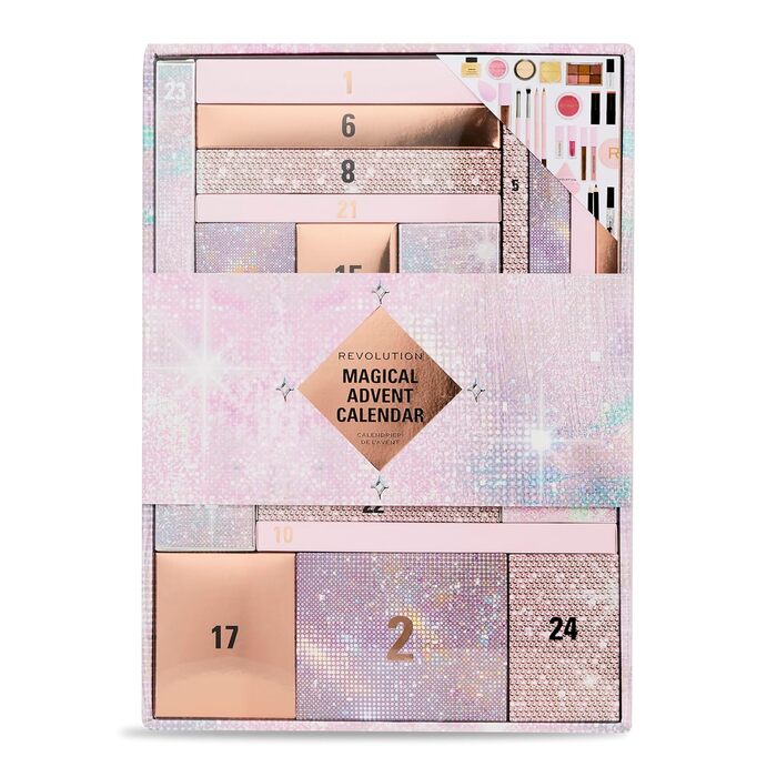 Різдвяний календар Revolution Beauty на 24 продукти, подарунковий набір із блиском для губ, масками для губ, пензликами та гелем для брів, веганський та не тестується на тваринах