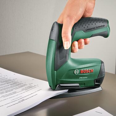Акумуляторний степлер Bosch PTK 3.6 LI Office Set зі степлером для паперу та степлером для брошур (вбудований акумулятор, 3,6 вольта, комплект степлерів, 30 скоб/хв, у металевій бляшанці) PTK 3.6 LI 1.5 Ah Office Set