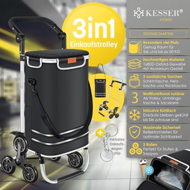 Багатофункціональний візок для покупок зі сходами, з термосумкою, складною конструкцією, місткістю 56л та вантажопідйомністю до 50кг 3-в-1 Візок-драбина, сумка-візок та сумка через плече Складаний візок для покупок з жетоном для покупок, чорний