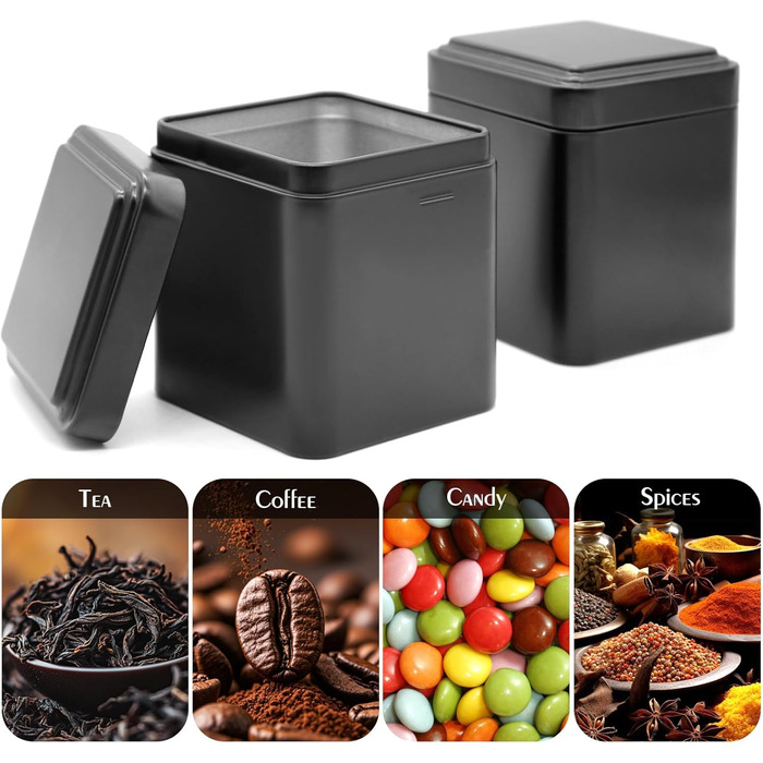 Класичних квадратних чайних банок 7 7 8,5 см для розсипного чаю, металеві чайні банки чорного кольору, включаючи 20 етикеток, для чаю, кавових зерен, спецій, 12