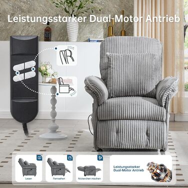 Моторне електричне крісло-реклайнер, крісло для телевізора з функцією відкидання, крісло для телевізора у вітальні з колесами, регульована спинка та підставка для ніг, 2 бічні кишені, вельветовий диван, світло-сірий, 2-