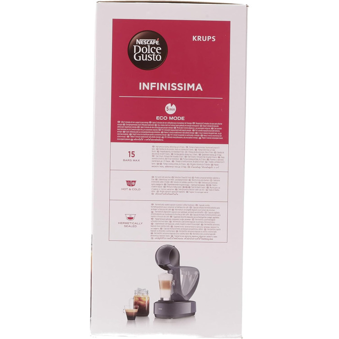 Кавова капсульна машина Krups KP173B Nescaf Dolce Gusto InfinissimaГарячі та холодні напоїТиск насоса 15 барРучне дозування водиРезервуар для води 1,2 лАвтоматичне вимкнення1500 Вт 30,5x18x40 см, космічний сірий космічний сингл