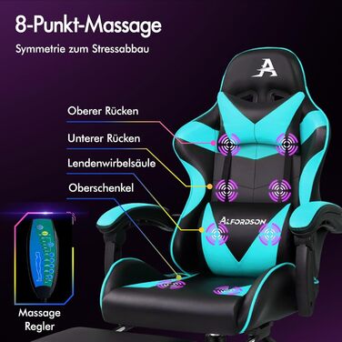 Офісне крісло ALFORDSON з масажем, ігрове крісло, ергономічне ігрове крісло з підставкою для ніг, масажна подушка для попереку з підставкою для ніг, обертове крісло, вантажопідйомність 180 кг, блакитний колір