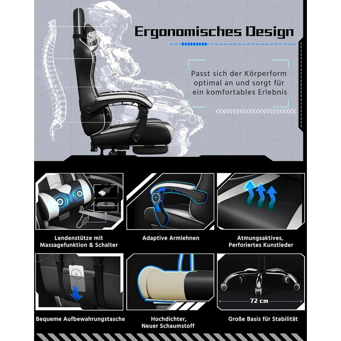Ігрове крісло Yaheetech, ергономічне ігрове крісло з функцією масажу, комп&39ютерне крісло з підставкою для ніг, офісне крісло, регульована спинка 90-135, ігрове крісло, ПК-крісло, біле, з підставкою для ніг