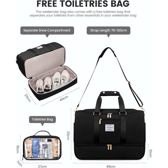 Жіноча спортивна сумка LOVEVOOK, дорожня сумка для вихідних з косметички, відділенням для взуття та вологим відділенням, водонепроникна спортивна сумка, сумка для занять спортом, подорожей, літака, чорна M A-black